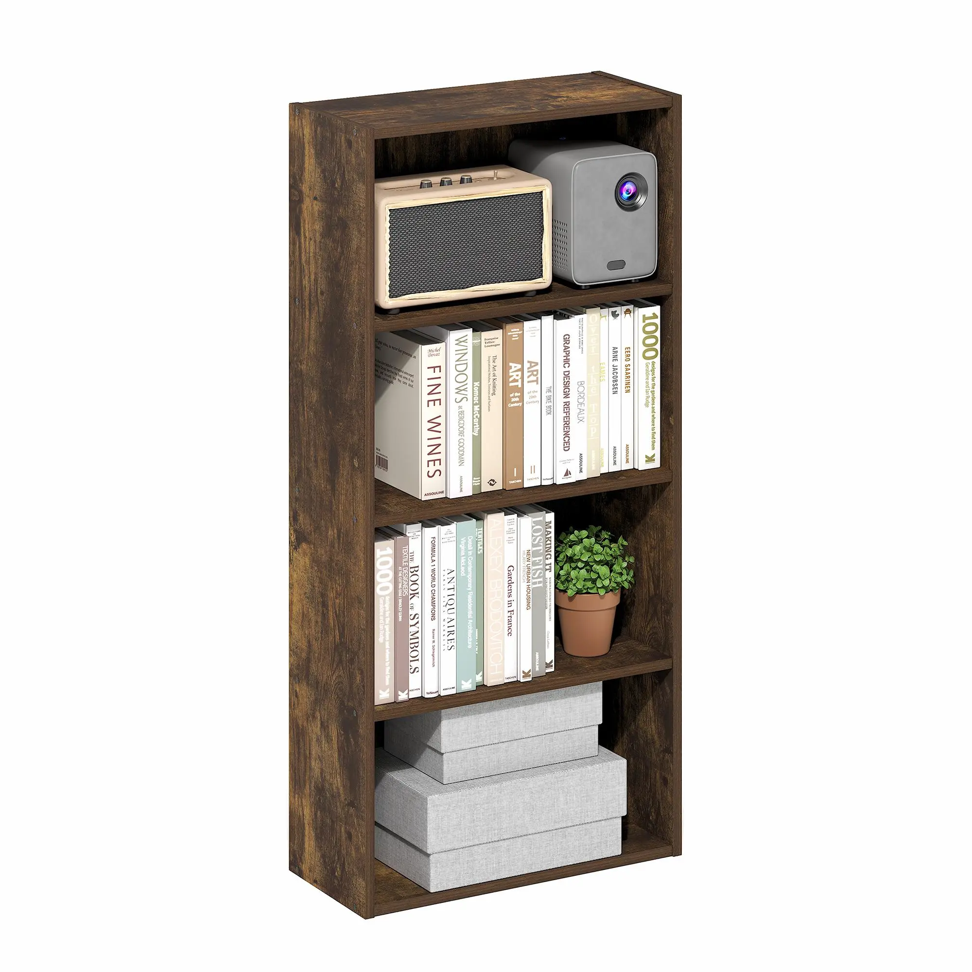 Amber Pine 4-Tier Clean Aesthetic Wooden Cube Bookshelf - Basic Open Cube Storage Organizer, 7x17x35 in, for Living Room, Home Office, with Book & Accessory Space