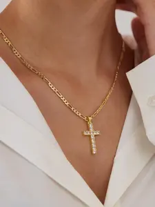 Elegant Zircon Cross Pendant Necklace, Classic Cross Pendant, Fashion Cross Pendant, 14k Gold Plated Luxury Religious Jewelry, Perfect Gift for Girlfriend Valentine's Day