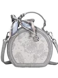 New Chinese Style Embroidered Round Bag, Single Shoulder Crossbody Handbag, Elegant Metal Floral Circle Purse with Silk Scarf Decor