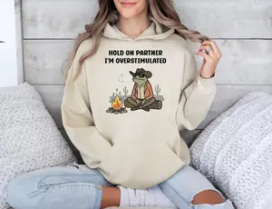 Hold On Partner Im Overstimulated Shirt, Cowboy Frog Shirt, Cowboy Frog Unhinged Sweatshirt, Cute Animal Sweatshirt, Funny Frog Hoodie