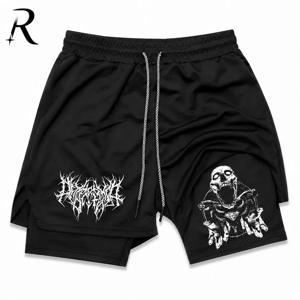 Men's Y2K 2-in-1 Skull Running Shorts - Bilayer Quick-Dry Gym Athletic Clothing, Heavy Metal Aesthetic Grunge Streetwear,back to school,back to school haul