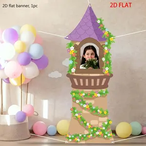 2D FLAT 1pc Princess Castle Background Photo Booth Set - Purple Cartoon Castle Flower Banner for Fairy Tale Photography Background for Princess Birthday Party, Baby Party, Wedding Supplies (Girls' Birthday, Baby Party, Wedding Items)