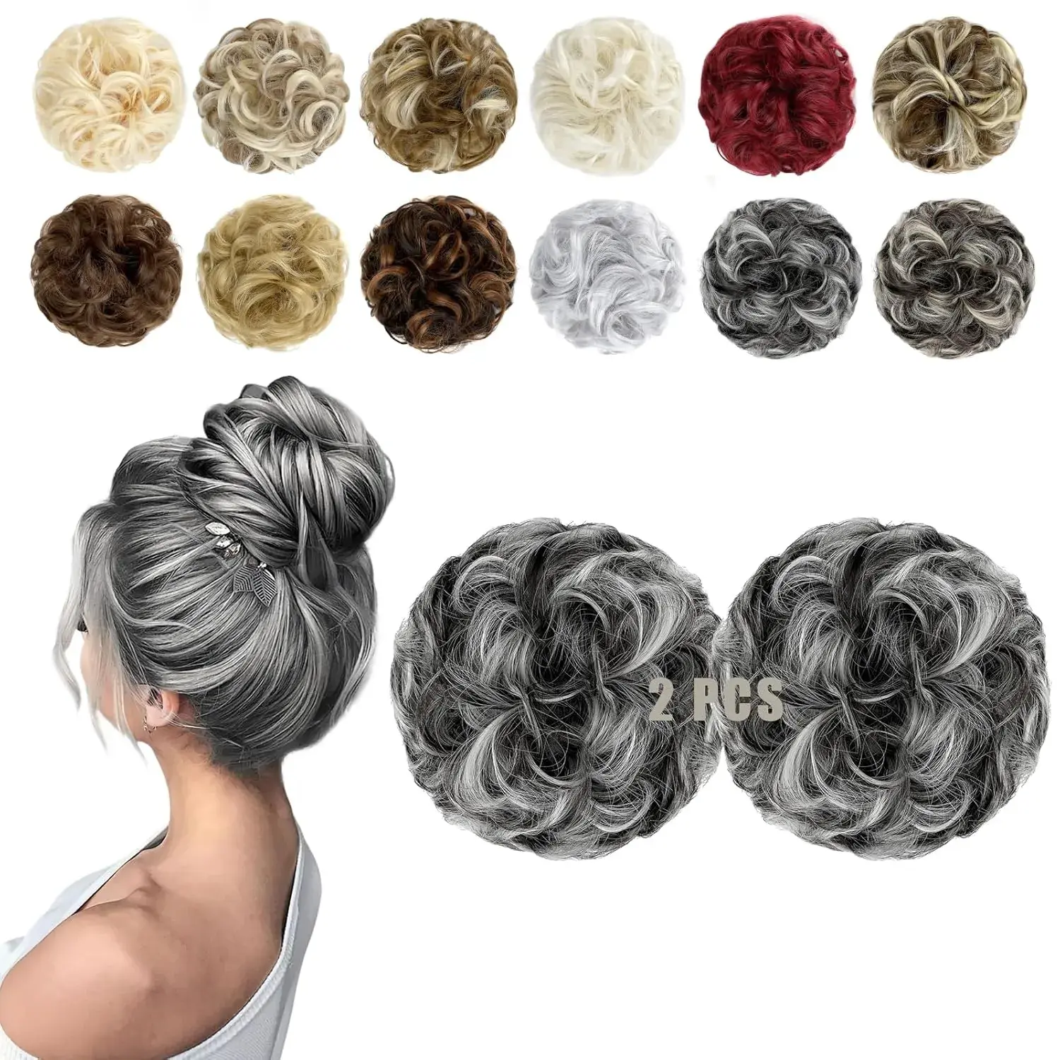 2-Piece Messy Hair Bun Scrunchie for Women, Wavy Boho Curly Synthetic Hairpiece, Instant Fluffy Updo for Parties & Halloween, Ponytail Hairpieces, Synthetic Soft Hairpieces