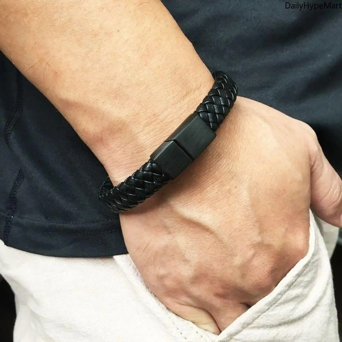 Men's Woven Leather Bangle Bracelet, Retro Minimalist Open Cuff in Black, 21cm Trendy Polycarbonate Fashion Accessory, Bracelet Style, Exquisite Trendy Bracelet