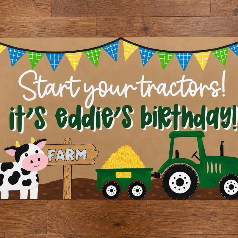 Personalized Farm Birthday Banner, Hand Painted Party Animals Kraft Paper Backdrop
