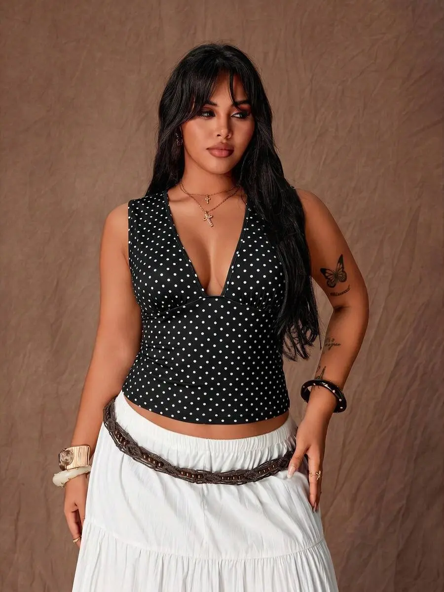 BAE Plus Size Women's Black And White Polka Dot Vest Top,1920s Flapper Elegant Deep V-Neck Fitted Summer Tank, Vintage Night Out Club School Wear