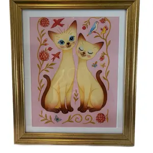 Vintage Cat Couple Wall Art Pink Chinoiserie Print Cottagecore Gold Frame Decor with Floral and Bird Accents