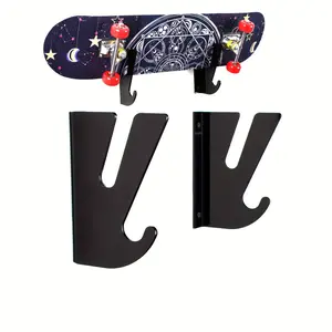 2pcs Heavy-Duty Wall-Mounted Skateboard Display Rack with Hooks - Black Space-Saving Vertical Storage Shelf, Suitable for Longboards, Cruisers