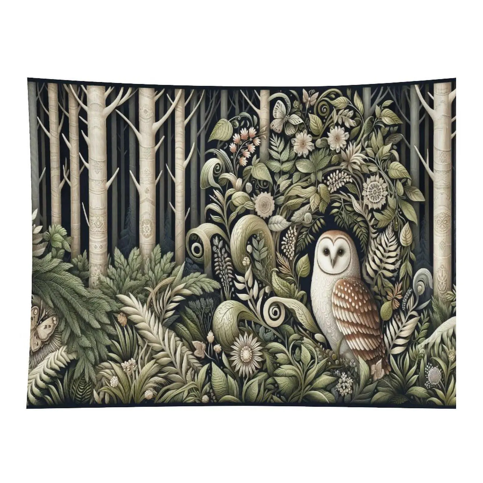 Vintage Botanical Woodland Wall Tapestry - Dark Forest, Birch Tree, Barn Owl, Wild Fern, Daisy, Butterfly - for Cottagecore Witchy Decor, Room Decor
