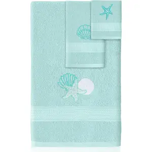 3 count Coastal Seashell Bathroom Towel Set Farmhouse Embroidered Coastal Seashell Towels  Decorative   Bath Towel Highly Absorbent Summer Decor Set for Bathroom