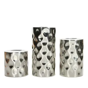 Nickel Pillar Candle Holders Set of 3 Hand-Hammered Silver Finish with Pebble Texture for Candle Holders in Small, Medium, and Large Sizes