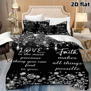 2D Flat 3Pcs Modern Black and White Glitter Love Faith Printed Duvet Cover, Stylish Sparkle Diamonds Design Bedding (1 + 2 Pillowcases, Unfilled), for Bedroom Guest Room Decor, Home Textile Gift.