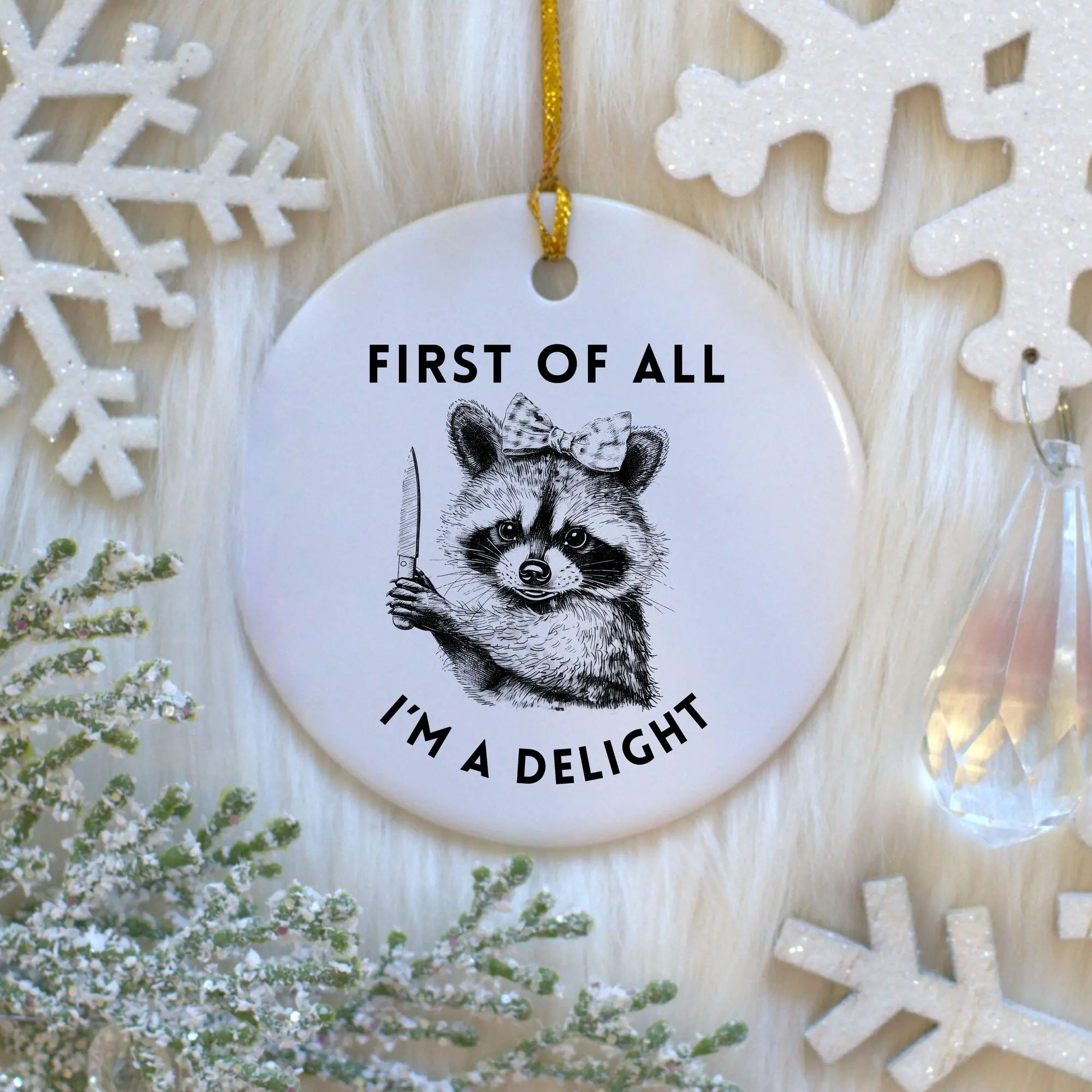 Funny Raccoon Meme Christmas Ornament,Trashcore, Raccoon, Unique Gift, Tree Decoration Backdrop Ceramic Smooth christmas decorations Glossy