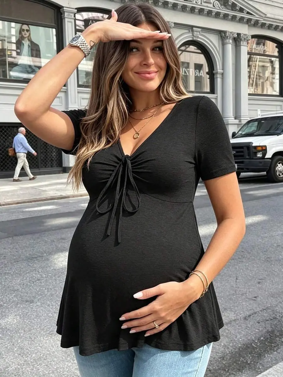 Bump x Maternity V-Neck Short Sleeve Solid-Color T-Shirt, Simple And Fashionable For Summer Black