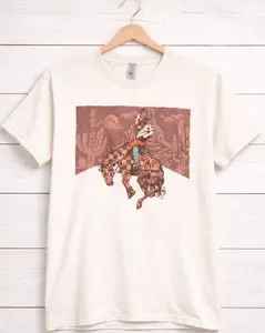 Women's Tan Round Neck Short-Sleeve Cotton Fabric Rhinestone Rodeo Rider T-Shirt