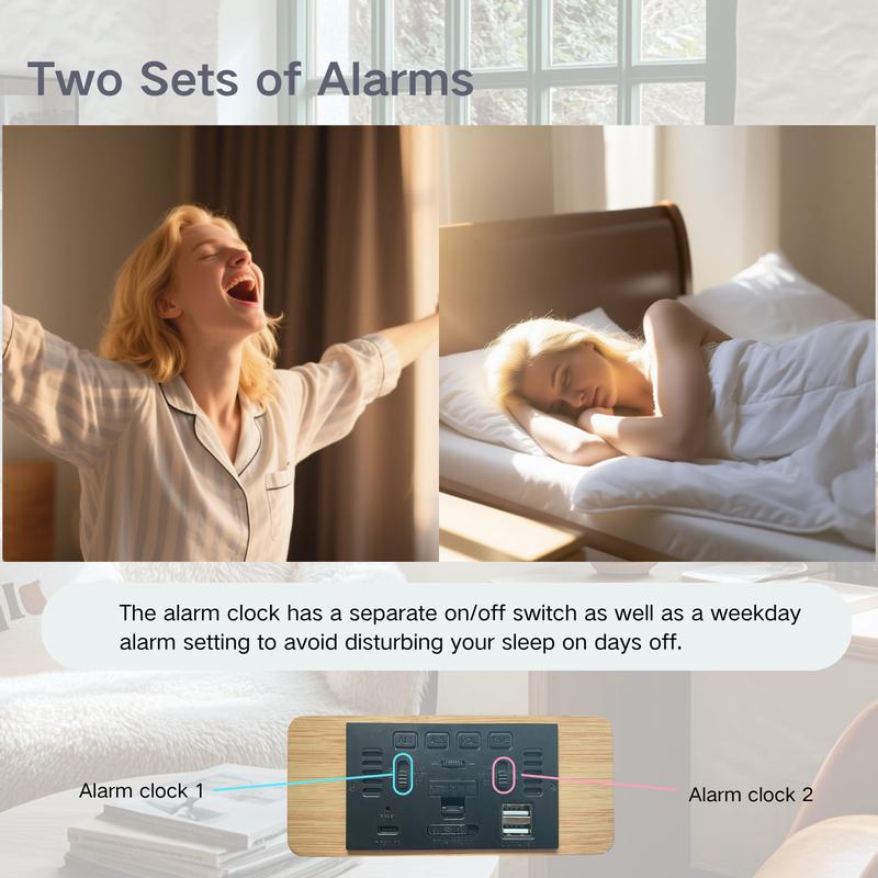 DARAUME Wooden Digital Alarm Clock  Alarm Clock with Qi 15W Wireless Charging Pad  Brightness Adjuster and Alarm Volume Adjuster  Snooze Function  Dual Alarms with Sound Control Function, Time and Date and Temperature Display for Bedroom, Office and Home