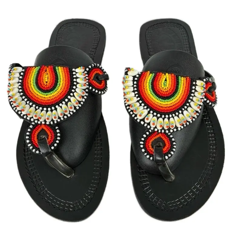 African Beaded Handmade Thong Sandals Multicolor Design with Vibrant Rainbow Beads and Black Sole