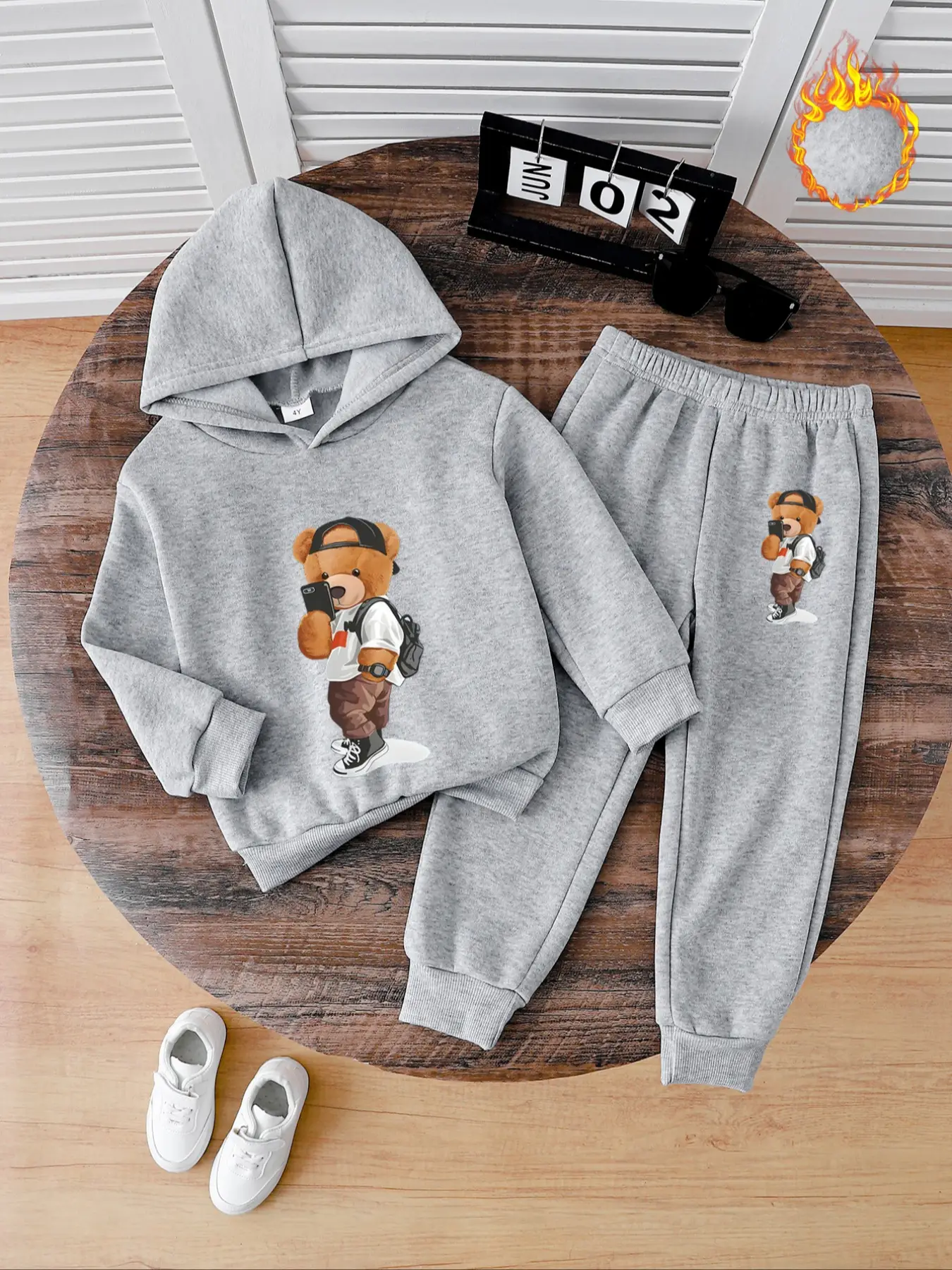 Boys' Fashion Cartoon Bear Print Hoodie, Thick Warm Fleece Pullover, Casual Fall & Winter Long Pants Set, Best Gift Idea