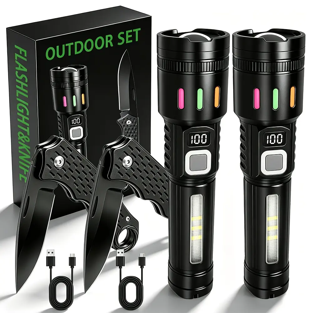 2/4pcs EDC Gear Combo Gift Set - Rechargeable Zoomable Super Bright Flashlight with 5 Lighting Modes & Digital Display, Stainless Steel Pocket Knife with Clip for Camping Hunting Halloween Gifts