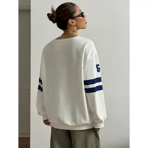 Women’s sporty colorblock numeric jersey sweatshirt, white V-neck drop-shoulder slim-fit pullover with pocket, casual polyester fabric top for Teacher’s Day and graduation