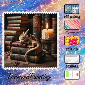 DIY 5D Flocking Cloth Diamond Painting Kit, AB Drill, Fairy Dust Drill, Crystal Drill, Dragon, Books, Candle Diamond Embroidery, Embroidery Design, Special Craft Diamond Art Kit, Wall Decor, Gift for Family, Loved Ones, Friends, Diamond Pattern Design