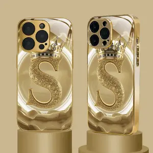 High-End Light Luxury Letter S Pattern Gold-Plated Phone Case, Compatible with iPhone 17, Air, Pro, Pro Max, 16/16 Pro / 1 6 Plus/6 Pro Max 15 15 Pro, 5 Pro Max 14 14 Pro 4plus 4promax 1313 proma xx3 211, Full Coverage Tempered Glass Protective Case Anti-