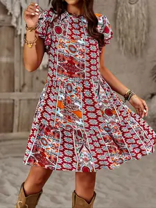 Bohemian Vacation Dress Spring Summer A-Line, Woven Flutter Sleeve All over Print, Fitted Boho Style, Perfect for Holidays