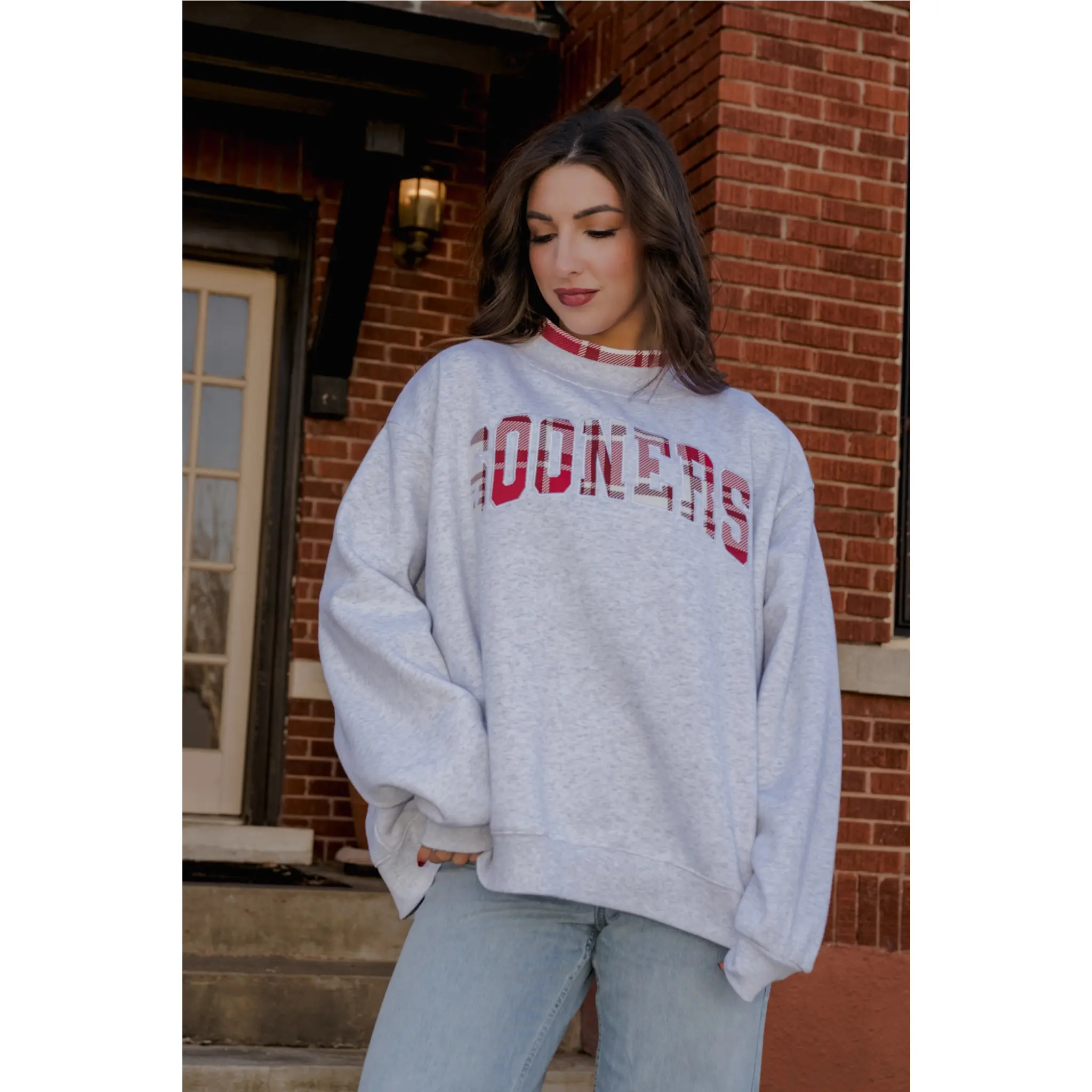 Livy Lu Women's OU Sooners Varsity Plaid Gray Mock Neck Sweatshirt