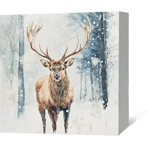 Winter Christmas Reindeer Wood Box Sign Desk Decor, Christmas Deer Decorations, Rustic Winter Country Elk Wooden Block Box Sign Decoration for Home Farmhouse Bedroom Shelf Table Decor,5x5 inch