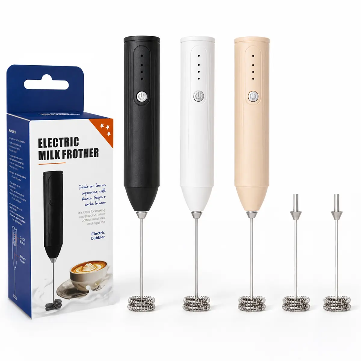 Rechargeable Milk Frother Handheld Electric Whisk, Frother Wand with 304 Stainless Steel Mixing Head Accessories, Durable Drink Mixer, Coffee Frother, Hand Blender, Frother for Protein Powder, Matcha & More