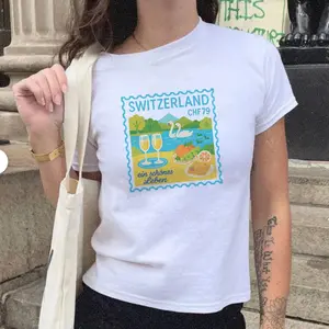 [Sale Up To 40%] Switzerland Postcard Travel Stamp Graphic Baby Tee, Vintage Swiss Alps Travel Shirt, Lake & Swan Souvenir Y2K Tee