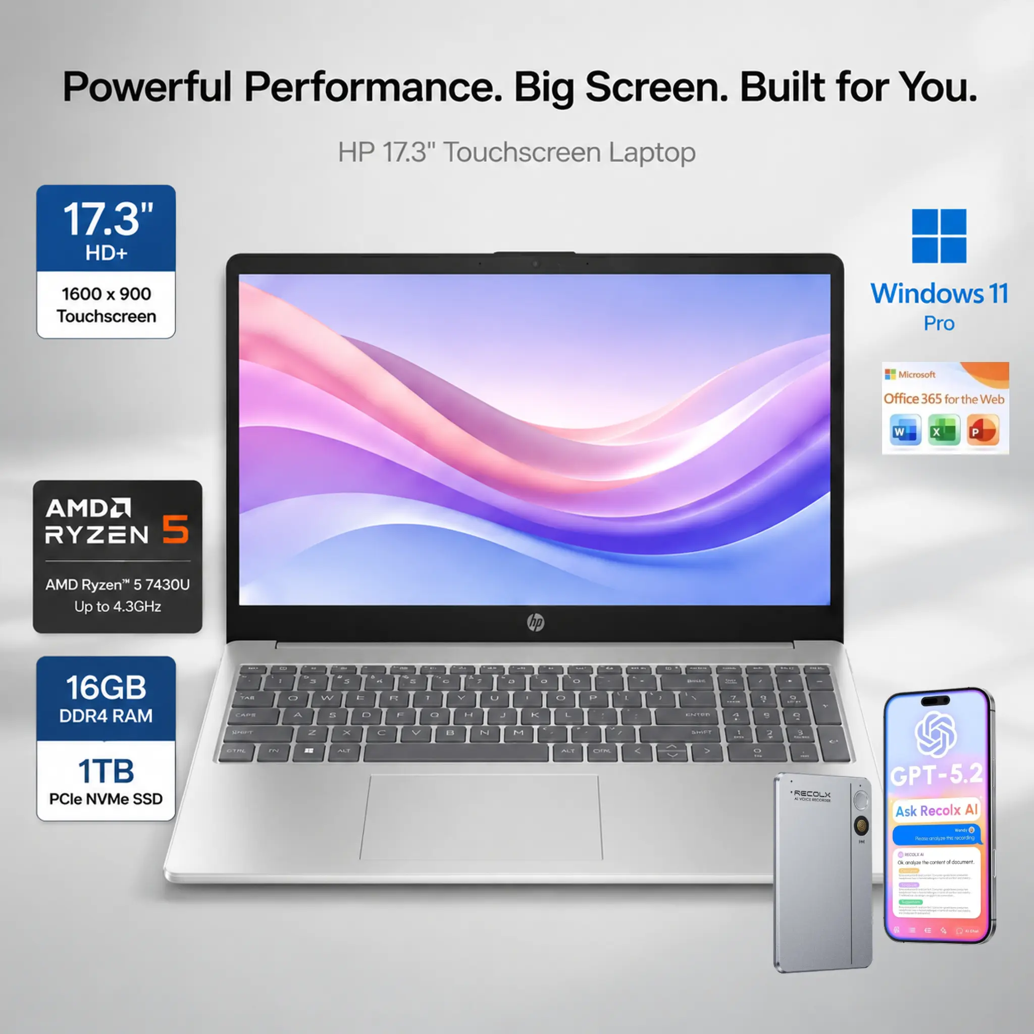 HP 17.3" HD+ Touchscreen Laptop Computer - AMD Ryzen 5 (Up to 4.3GHz), 16GB RAM, 1TB SSD, Copilot AI, WiFi 6/Bluetooth 5.4, Numeric Keyboard