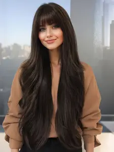 28 Inch Long Straight Wig with Bangs, Natural Look Curly Hair Replacement System, Comfortable All-Season Wear for Women, Natural Looking Wig