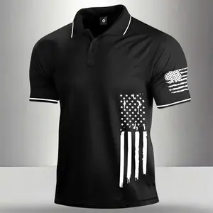 Men's classic vintage short-sleeved polo shirt, featuring a unique printed pattern, made from slightly stretchy polyester fabric, in a regular fit.  A men's summer button-down collared sports shirt/top.