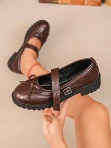 Women's Mary Jane Shoes with Bow, Chunky Low Heel Buckle Strap, Casual Comfortable Footwear for Daily Wear
