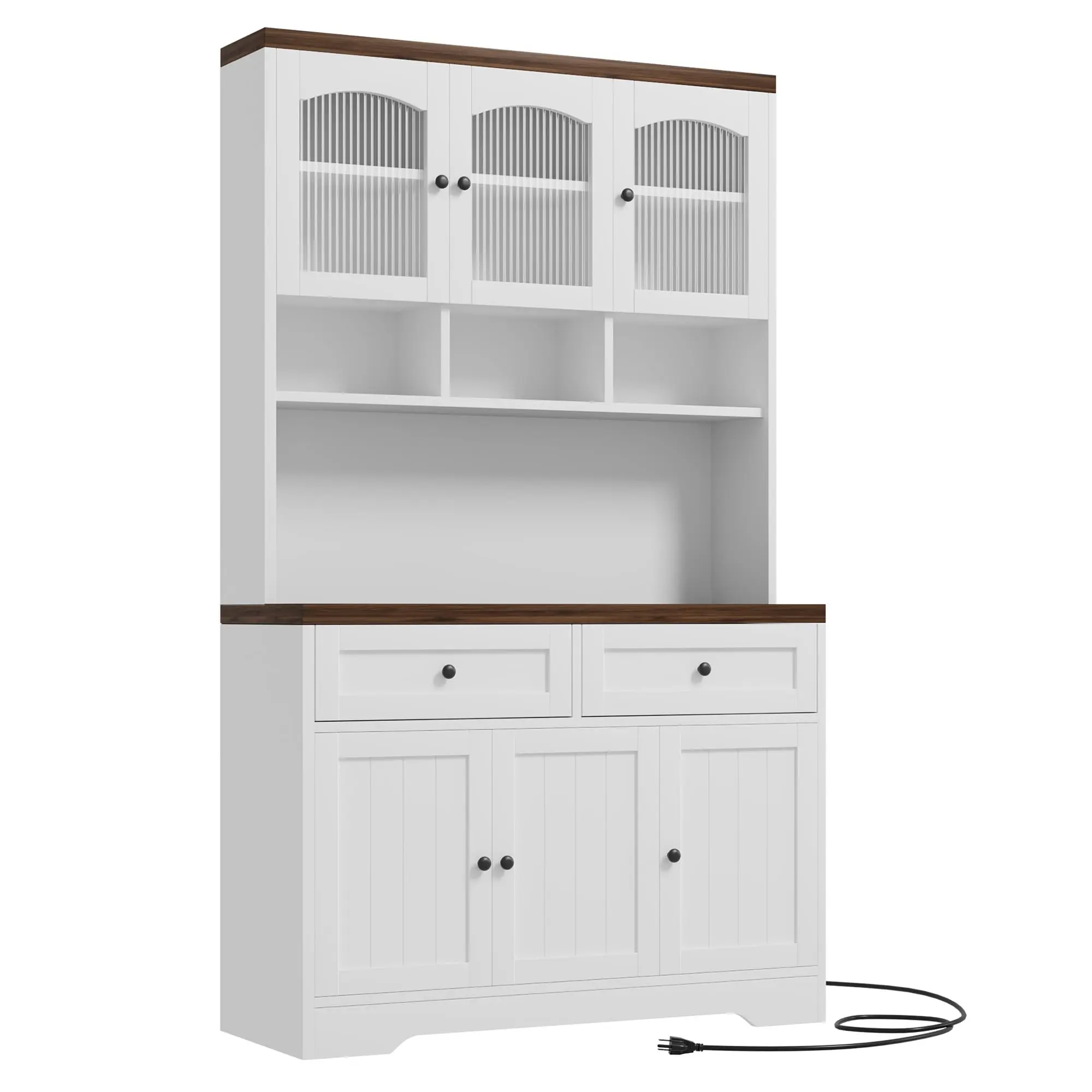 Farmhouse Kitchen Pantry Cabinet Hutch 71'' Tall Kitchen Pantry Storage Cabinet w/ Microwave Stand& AC outlets, USB port, Storage Drawers for Living Room, Dining Room