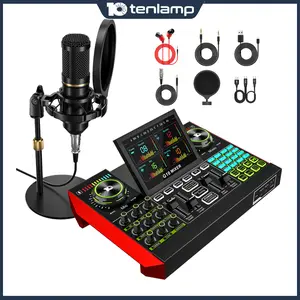 Tenlamp Podcast Microphone Kit, featuring a 3.5mm condenser microphone and a portable live sound card audio mixer, ideal for PC/mobile live streaming, singing, gaming, and voice-changing applications. Plug-and-play podcast studio kit