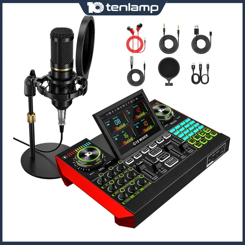 Tenlamp Podcast Microphone Kit, featuring a 3.5mm condenser microphone and a portable live sound card audio mixer, ideal for PC/mobile live streaming, singing, gaming, and voice-changing applications. Plug-and-play podcast studio kit Soundcard Recording