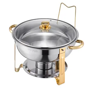 【Summervibes】VEVOR 5 Qt 4 Pack Round Chafing Dish Buffet Set Full-Size Pan Stainless Steel Gold