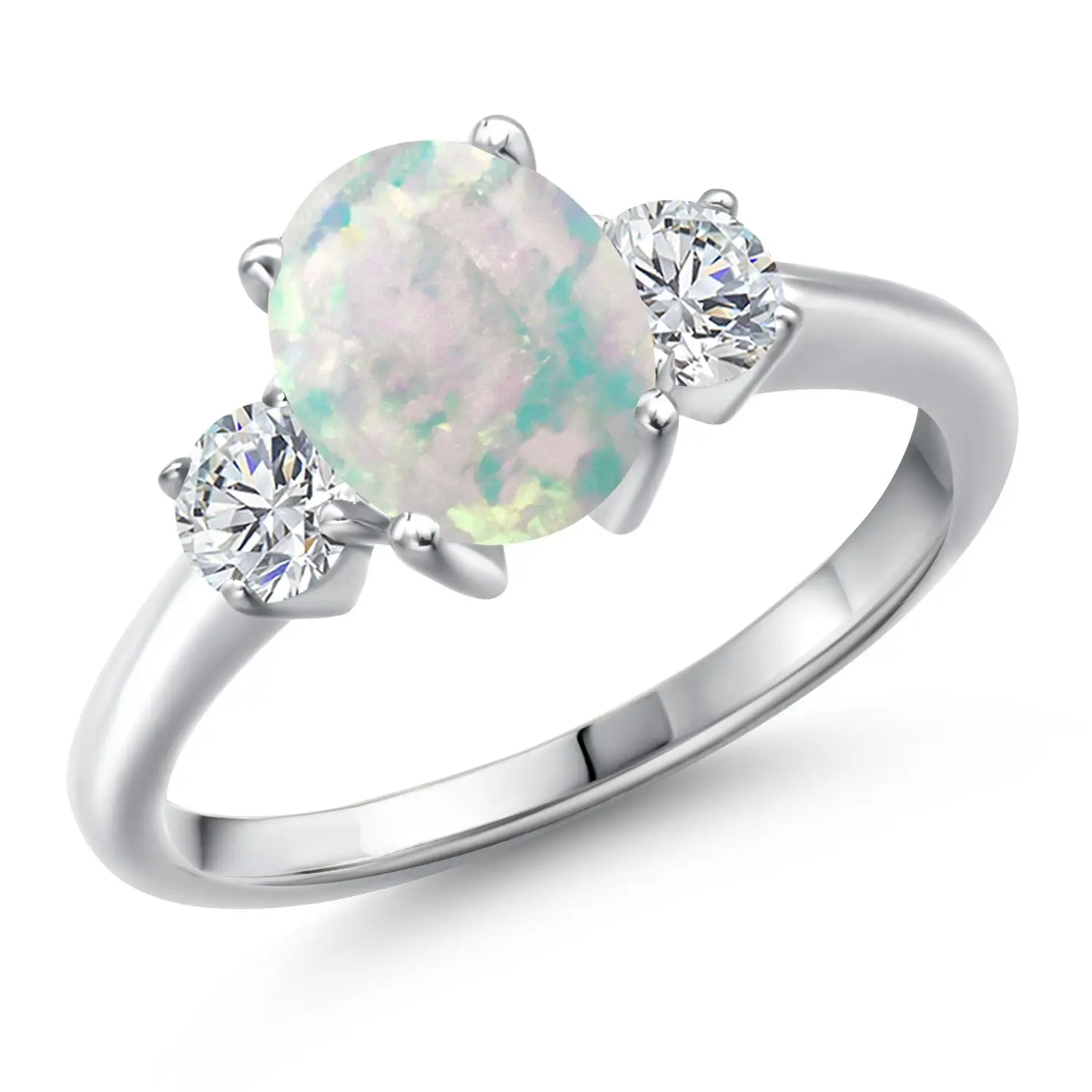 925 Sterling Silver Gemstone Birthstone and White Lab Grown Diamond 3-Stone Engagement Ring for Women | Oval 9X7MM and Round 4MM | Three Stone Wedding Anniversary Promise Ring | Sizes 5, 6, 7, 8, 9