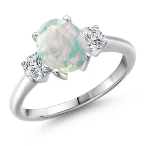 Gem Stone King 925 Sterling Silver Gemstone Birthstone and White Lab Grown Diamond 3-Stone Engagement Ring for Women | Oval 9X7MM and Round 4MM | Three Stone Wedding Anniversary Promise Ring | Sizes 5, 6, 7, 8, 9