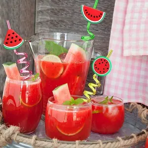 6/12pcs 26cm Cartoon Watermelon Shape Plastic Spiral Straws, Reusable Eco-Friendly Party Decorations, Colorful Fruit Design, Holiday Drinkware
