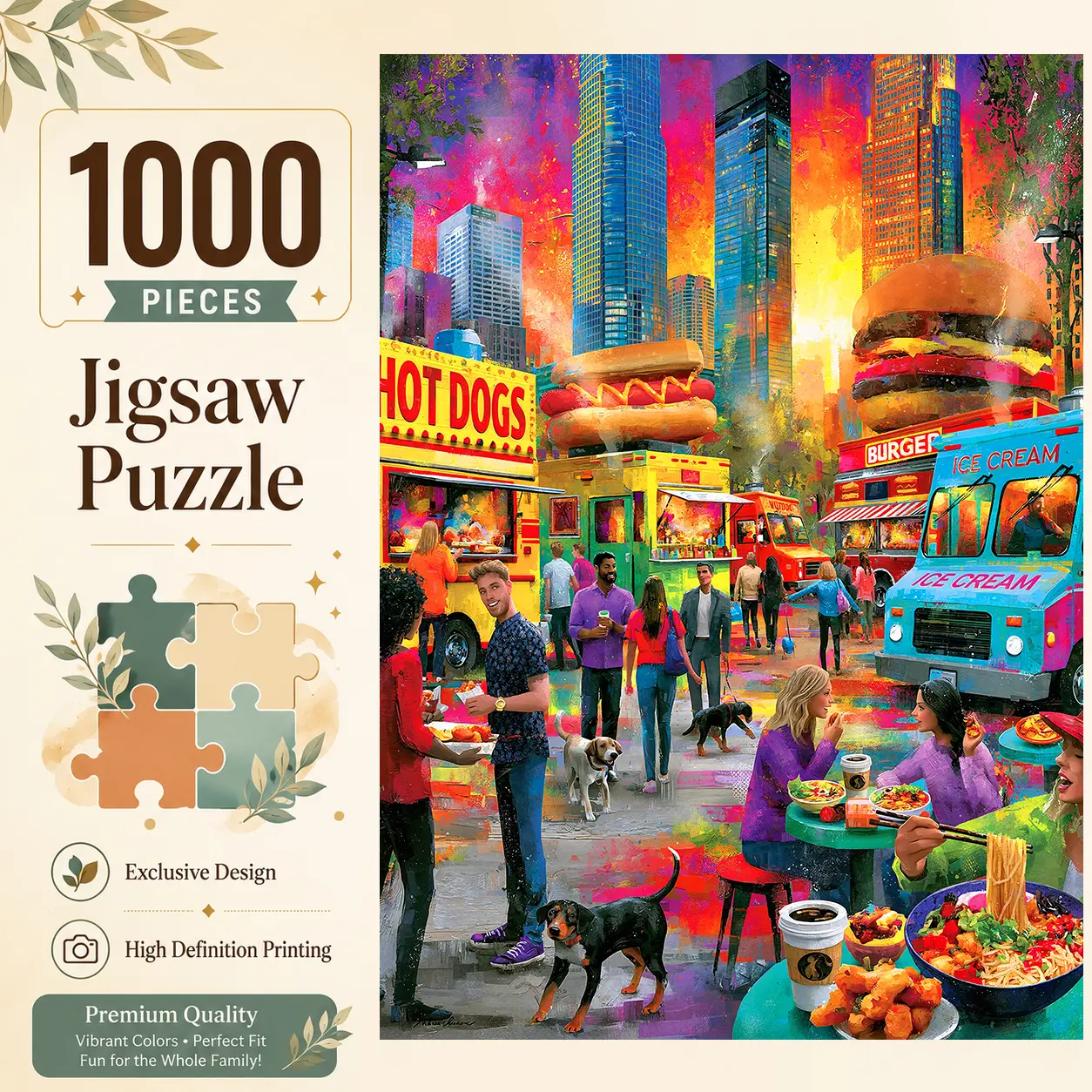 Colorful City Food Truck Festival 1000 Pieces Jigsaw Puzzle for Adults, Challenging Family Game for Stress Relief Relaxation and Brain Exercise, Vibrant Urban Wall Decor Gift for Food Lovers and Seniors, 19.7×29.5 inches（50×75cm）