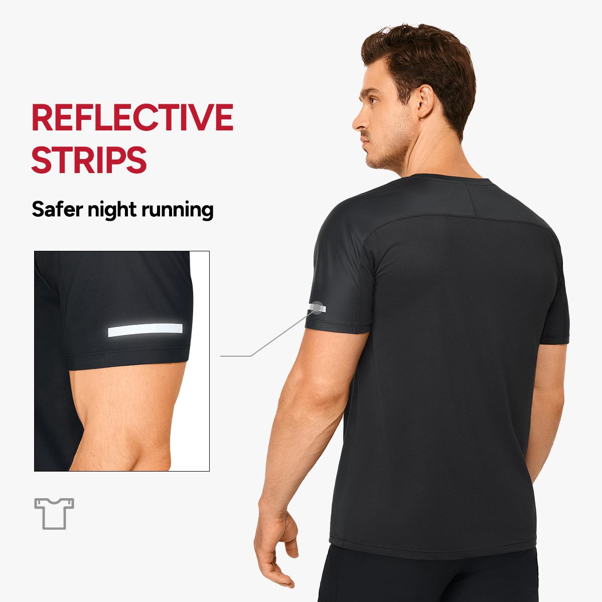 Nebility Men's Workout Shirts Quick Dry Moisture Wicking with Reflective Strips Lightweight Mesh Athletic Tees Comfortable Slim Round Neck for Running Gym Training Summer