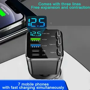 Retractable Car Charger 7 in 1 Fast Charging Car Charger Retractable Cable USB Type C Multi Ports Car Charger Adapter Compatible 2026