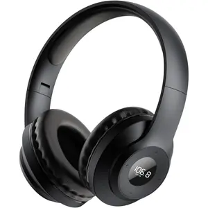 On-Ear Rechargeable Portable FM Radio Headphones with Strong Reception, LED Display, Soft Ear Muffs for Hiking, Jogging (Black)