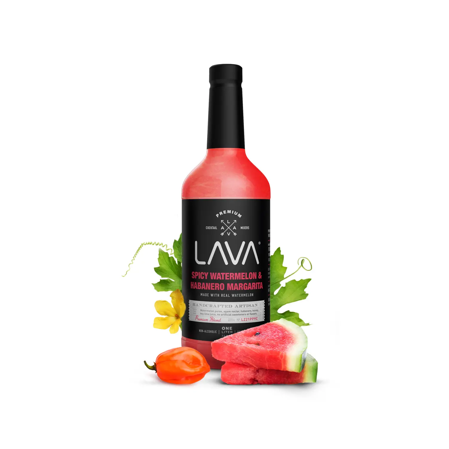 LAVA Premium Spicy Watermelon Habanero Margarita Mix, Cold-Pressed Watermelon, Agave, Habanero. Just add tequila. 1-Liter (33.8oz) Glass Drinks