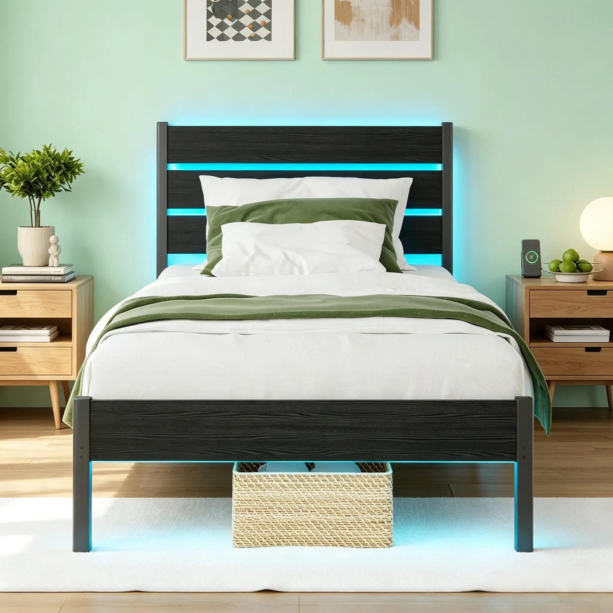 CollaredEagle Full Size Bed Frames, Sturdy Metal Platform Bed Frame with Wooden Headboard, Charging Station, LED Lights & Under-Bed Storage, Noise-Free, No Box Spring Needed