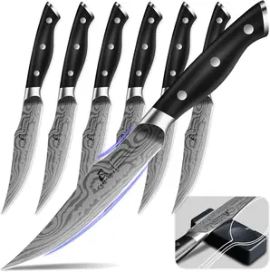 Steak  Set of 6, 4.8 Inch Non Serrated Razor- Durable Dinner  with Rest,  Stainless Steel Damascus  Full Tang Forged, Rust Resistant & Easy to Maintain