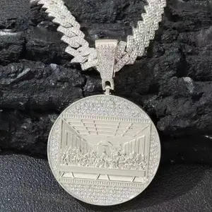 Last Supper Pendant Necklace Hip Hop Religious Jewelry Stainless Steel Iced Out Cuban Chain Necklace Party Club Street Festival Fashion Gift For Men Women Unisex Trendy Bling Statement Accessories